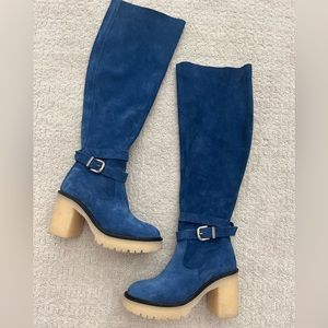 Free People Blue Suede Knee-High Heeled Boots